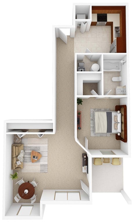 Floor plan for 1 bed, 1 bath, 743 sqft